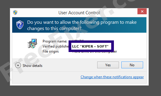 Screenshot where LLC "KIPER - SOFT" appears as the verified publisher in the UAC dialog